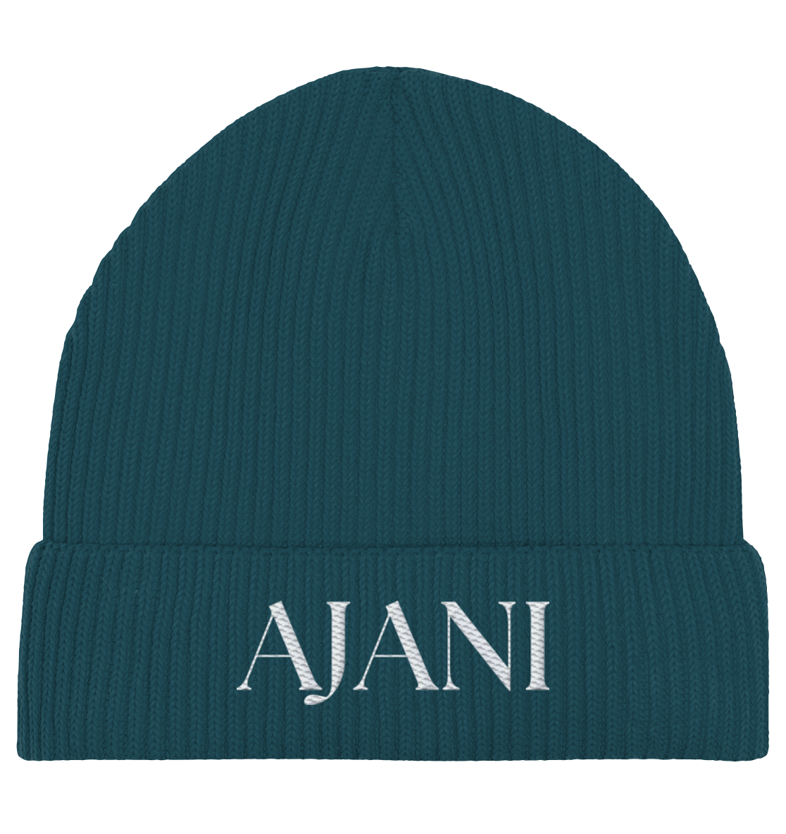 AJANI LOGO WHITE -STICK - Organic Fisherman Beanie