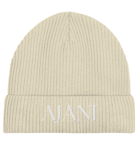 AJANI LOGO WHITE -STICK - Organic Fisherman Beanie